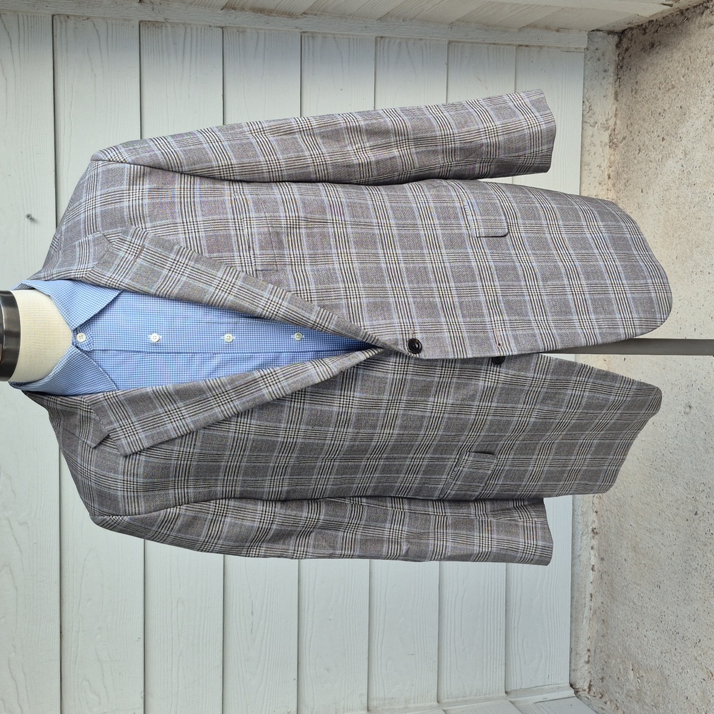 HICKEY FREEMAN Grey Brown Plaid Worsted‎ Wool Mens Sz 50 R Sport Coat Blazer